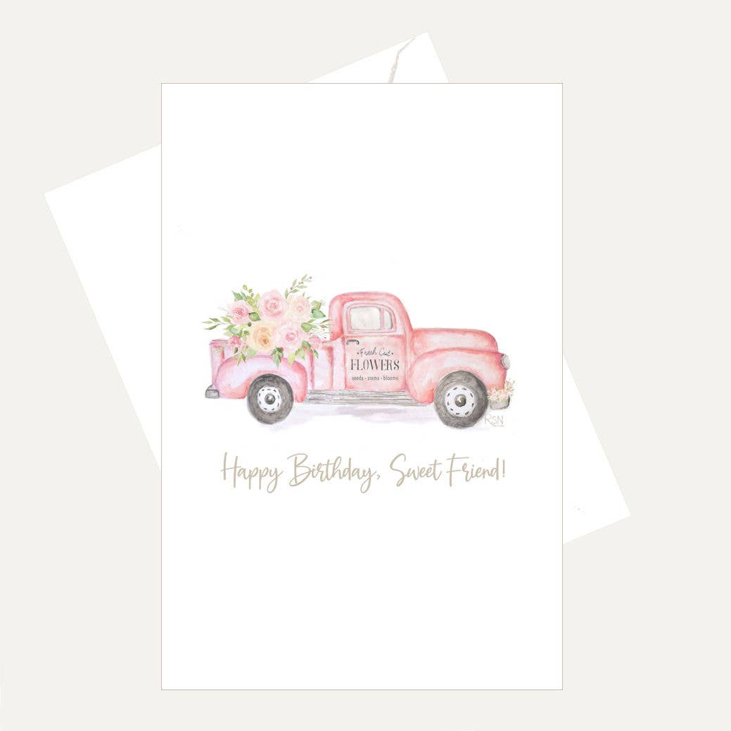 Bellflower Girl - Wholesale Birthday Card - Happy Birthday Sweet Friend - Pink Pickup Flower Truck Card