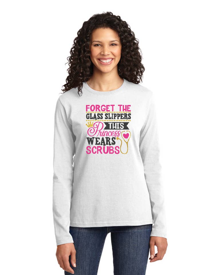 Camiseta de manga larga de algodón Princess Wears Scrubs para venta al por mayor de Cutieful