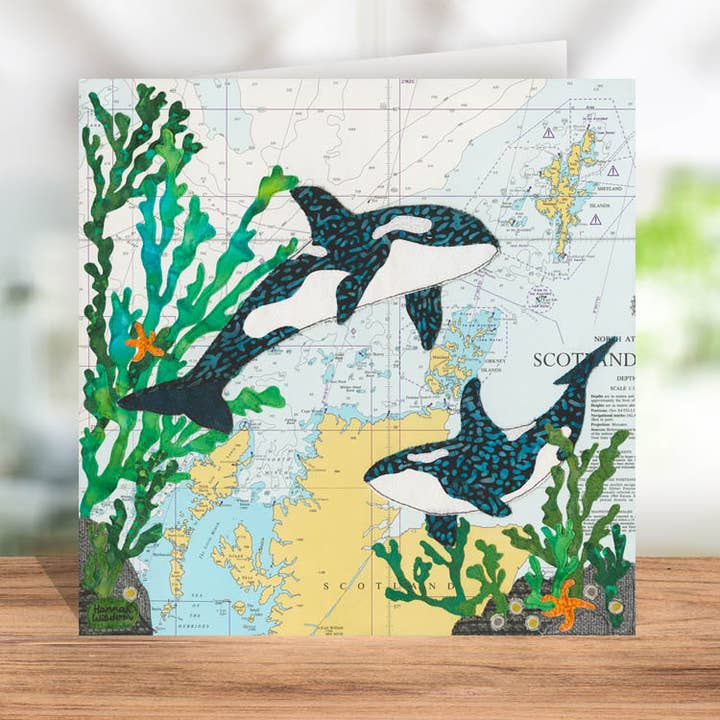 Orca at Orkney Scotland greetings card for wholesale by Hannah Wisdom Textiles