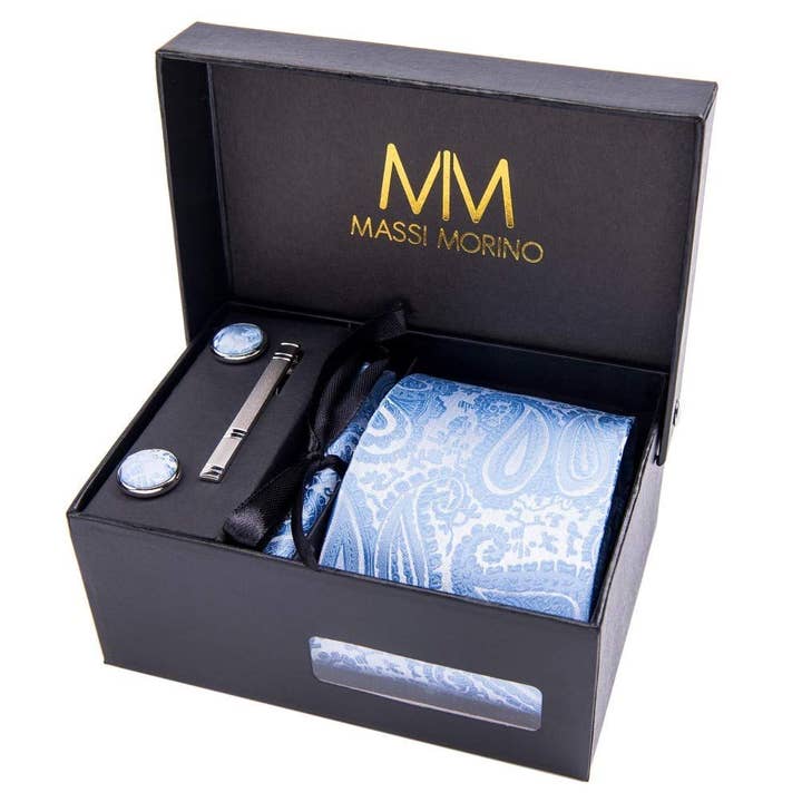 Massi Morino - Vente Cravate – homme - Coffret complet Massi Morino® avec cravate, pochette, boutons de manchette et pince à cravate4