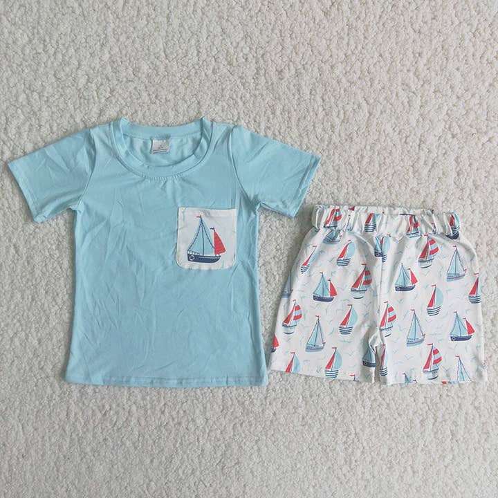 Yawoo Garments - Wholesale Top & Short Set - Kids - Boy Sailboat Pocket Shorts Outfit