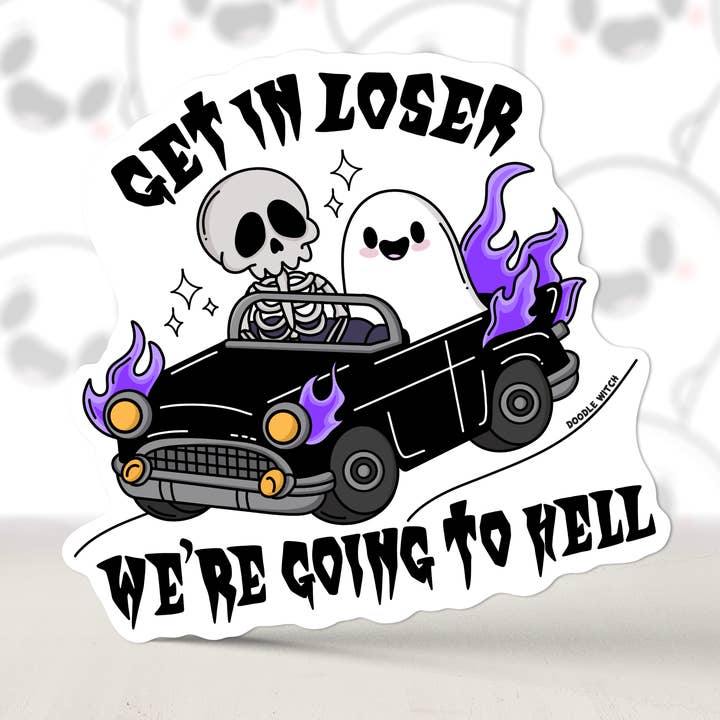 Get In Loser, We're Going to Hell Sticker, Skeleton Sticker for wholesale by DoodleWitch