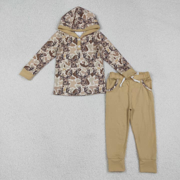 Baby Boys Khaki Camo Deer Button Hoodies Top Pockets Leggings Hunting Set for wholesale by Aier Wholesale