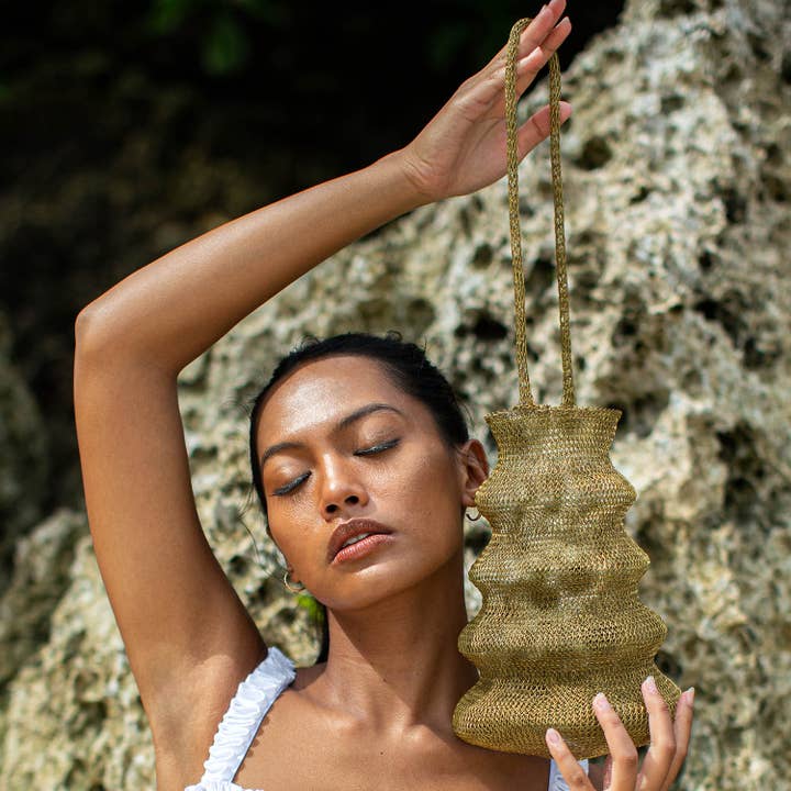 SHELL Handwoven Wire Bag In Dark Gold for wholesale by Brunna Co