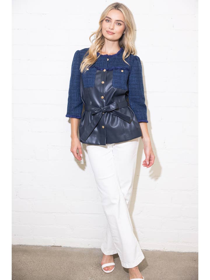 Navy 35949 Belted Solid Tweed and Faux Leather Jacket for wholesale on Faire8