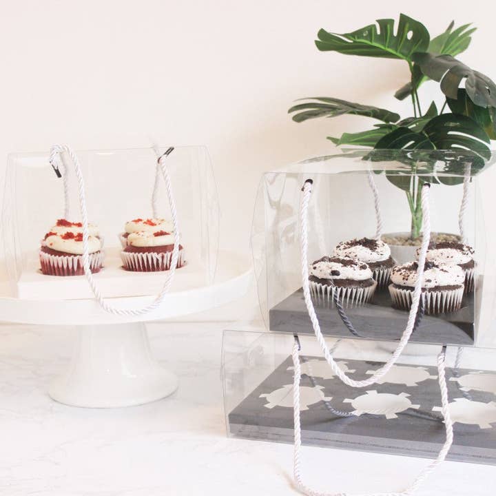 Elegant Design Supply - Vente Caissettes en papier pour cupcakes/muffins - Boîte transparente pour 4 cupcakes ordinaires avec ficelles (lot de 2)7