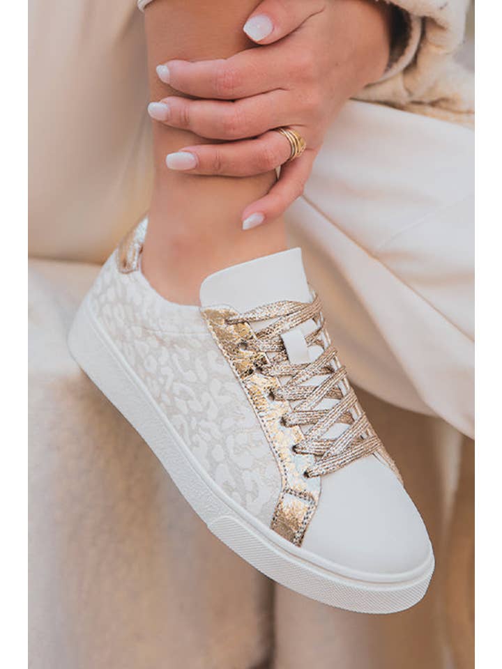White LDC Leopard Print Glitter Patched PU Leather Lace-up Shoes for wholesale on Faire1