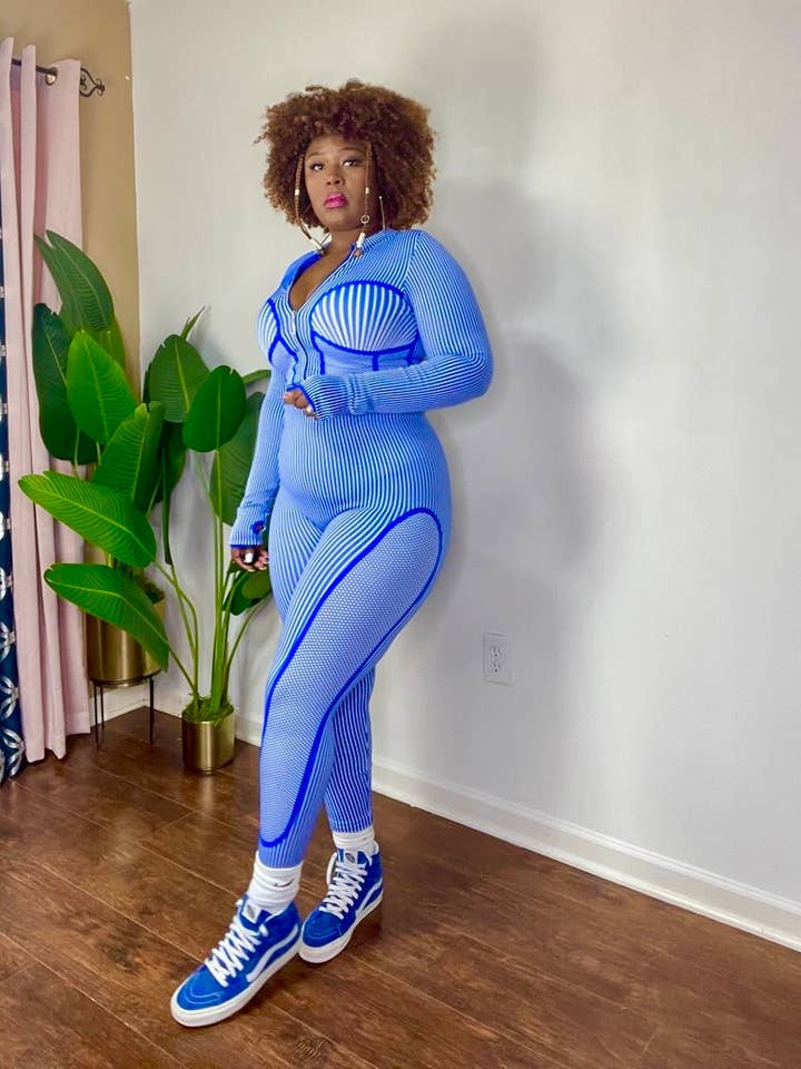 Blue Seamless Striped Zip Up Jacket and Leggings Set (Blue) for wholesale on Faire2