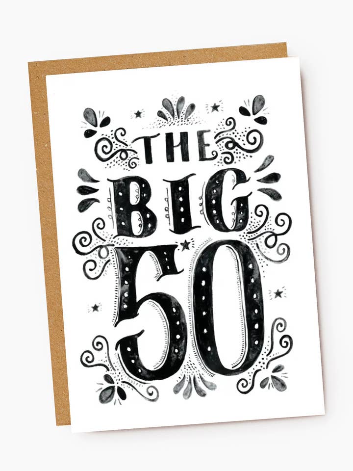 50th Birthday Hand Lettered Illustrated Birthday Card for wholesale by Jade Fisher