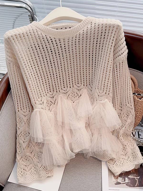 Beige Top de punto con cuello redondo y diseño hueco retro de venta al por mayor en Faire5