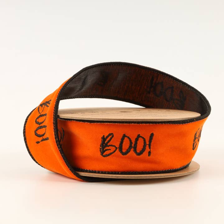 LA Ribbons Wholesale - Wholesale Ribbon - Gift Wrapping - 1 1/2" Wired Ribbon | Orange Embroidered Boo w/ Black Backing | 10 Yard Roll
0