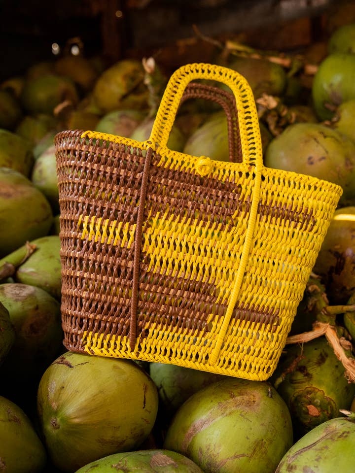 Market Bag, Upcycled Woven Bag in Ripe Banana Yellow & Brown for wholesale by Kasama