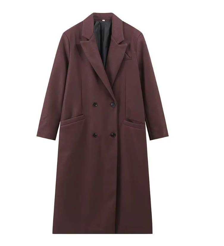 Coffee Commuter padded shoulder lapel tweed trench coat overcoat for wholesale on Faire0