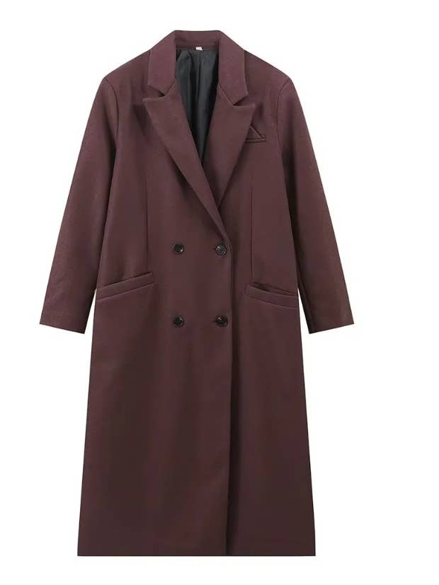 Coffee Commuter padded shoulder lapel tweed trench coat overcoat for wholesale on Faire