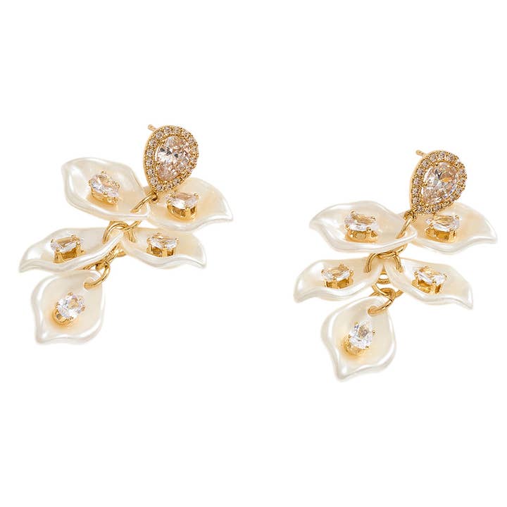 Sensibling Corp. - Wholesale Dangle Earrings - 14k Gold Dipped Teardrop CZ Stone Accent Pearly Petal Drop Earrings1