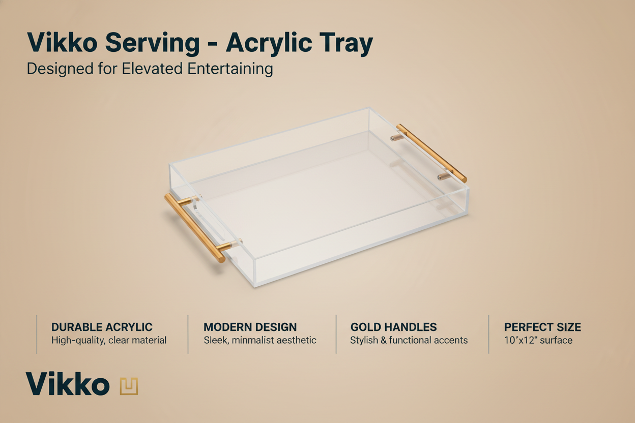 Kadra Kitchenware - Wholesale Serving tray - Vikko Serving - Acrylic Tray with Gold Handle, 10"x12"  2"H3