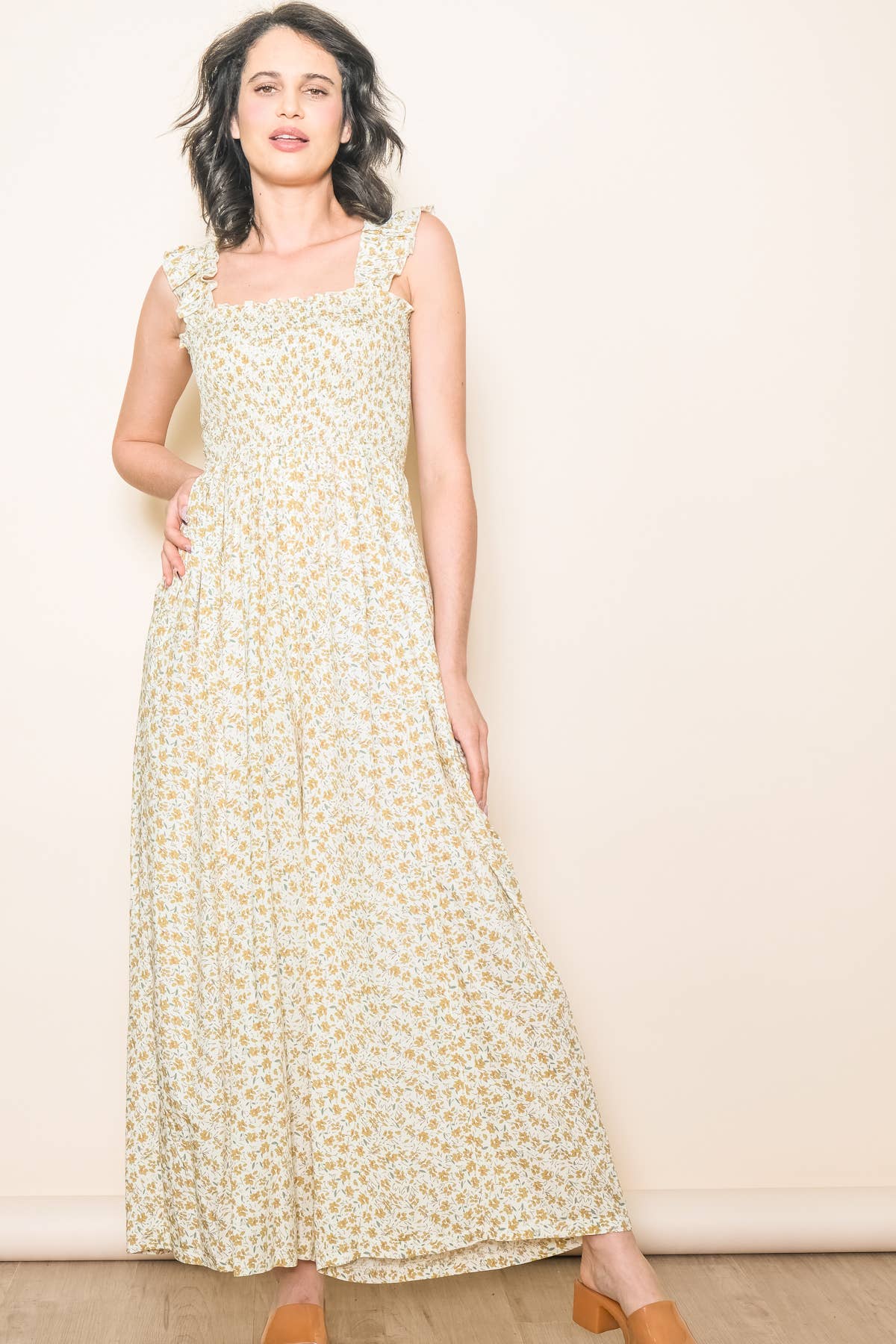 Elloh Collection - Wholesale Jumpsuit - Women's - Super Comfy Ruffle Shoulder Smocked Wide Leg Jumper Jumpsuit15