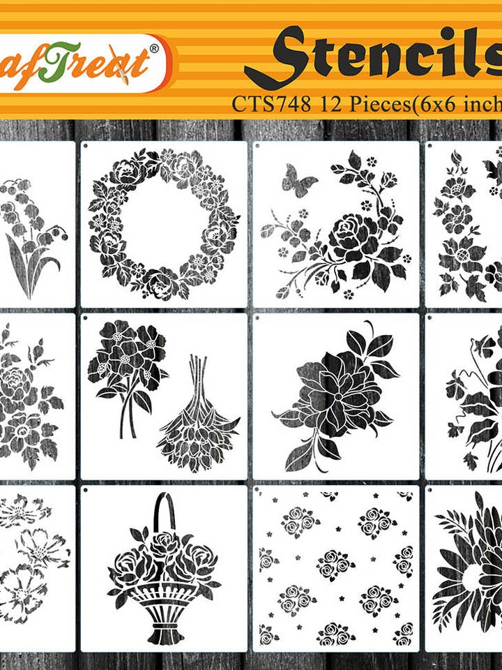 CrafTreat Small Flower Stencil for Wall Paintings, Reuseable Floral Stencil Design 12pcs of Small Painting stencil on Wood, Furniture, Canvas, Glass and Other Craft Projects |Flower stencils small 6x6 Inches for wholesale by CrafTreat