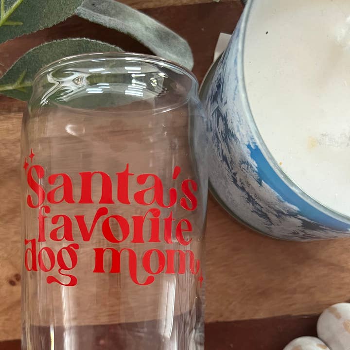 Santa’s Favorite Dog Mom, Can Glass Cup, Holiday for wholesale by Boho Sips