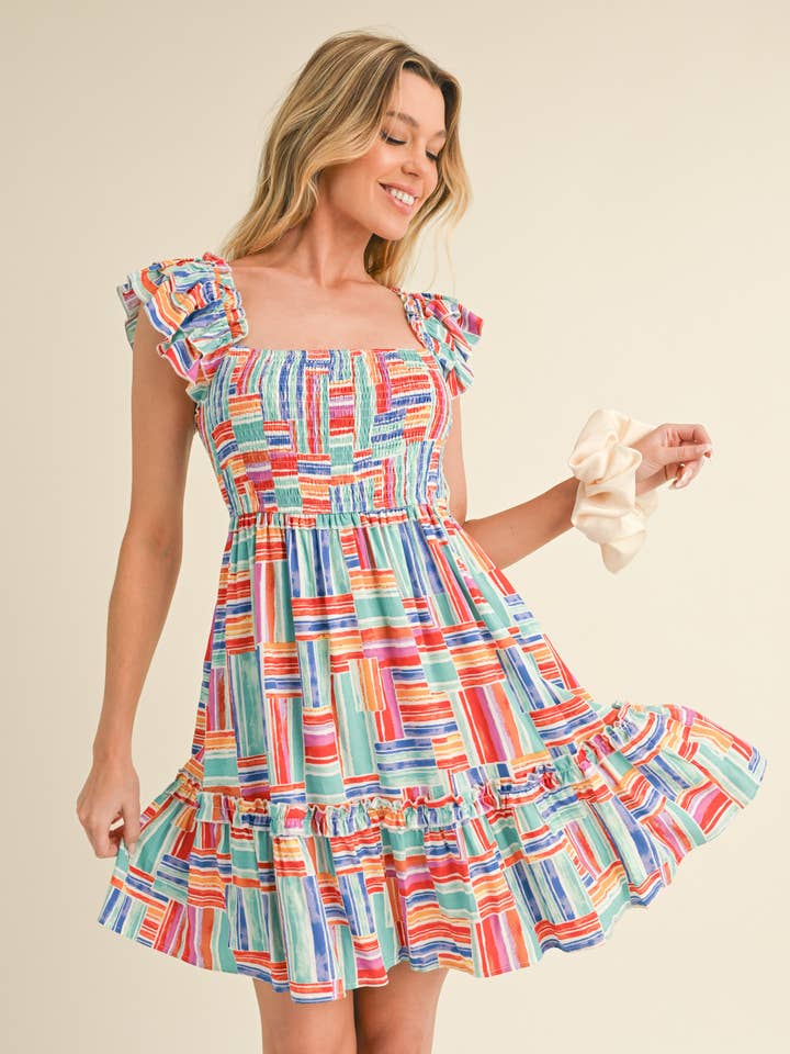 EXCLUSIVE PRINT LAYERED FLUTTER SLV MINI DRESS MDR3479 for wholesale by &MERCI