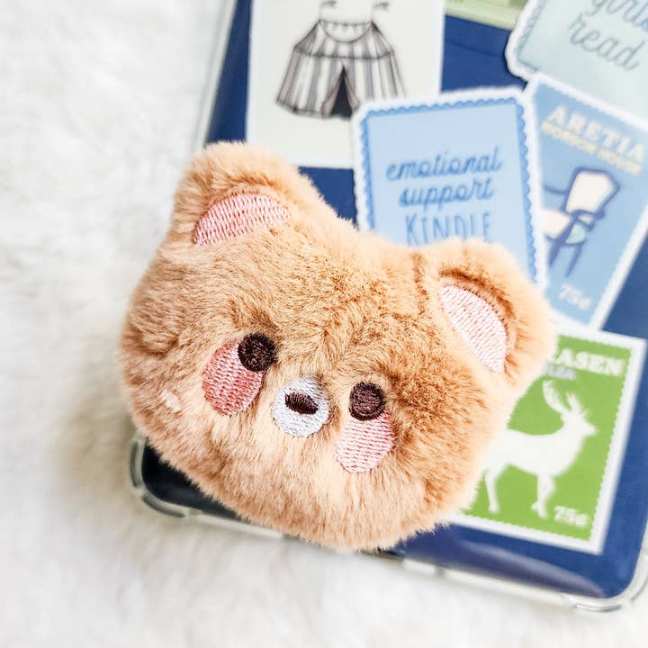 Brown Bear Plush Foldable Adhesive Kindle Grip for wholesale by The Bean Workshop
