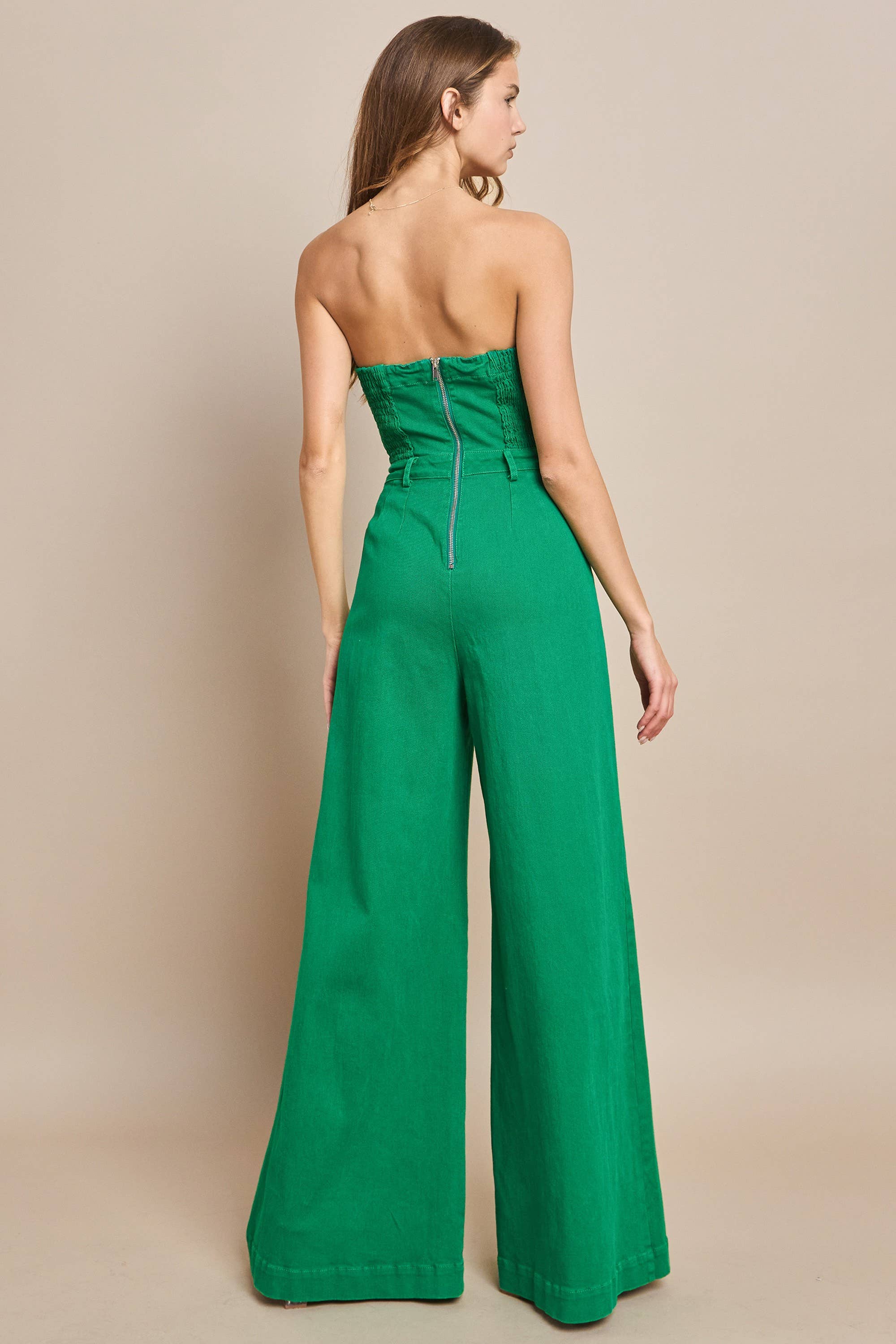 OFF SHOULDER WIDE LEG DENIM JUMPSUIT 4406 KELLY GREEN  for wholesale on Faire3