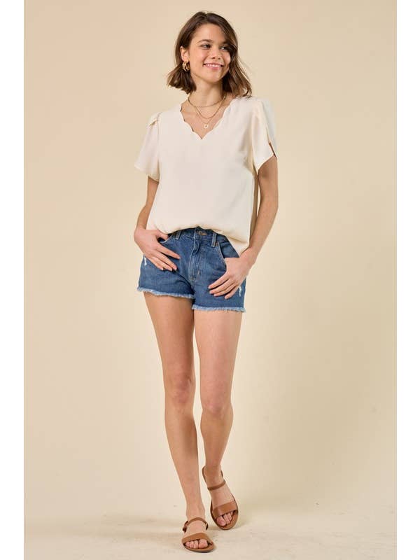 Doe and Rae - Venta al por mayor Blusa - Mujer - Top con cuello festoneado y manga tulipán - 41043T