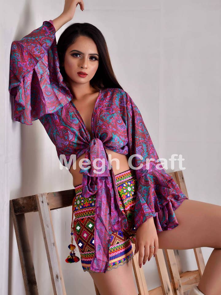 Vintage Silk Frill Sleeve Tie top-Boho Knot Style Crepe Top for wholesale by Meghcraft