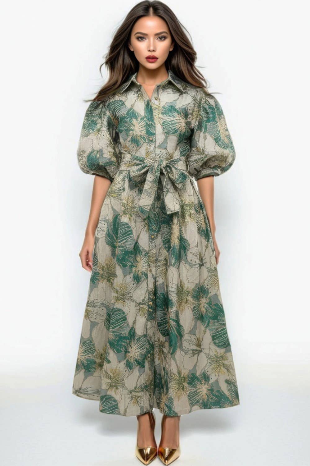 MULTI A95142 BROCADE PUFF SLEEVE MAXI DRESS for wholesale on Faire0