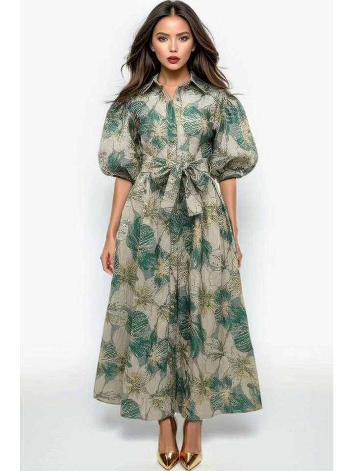 MULTI A95142 BROCADE PUFF SLEEVE MAXI DRESS for wholesale on Faire