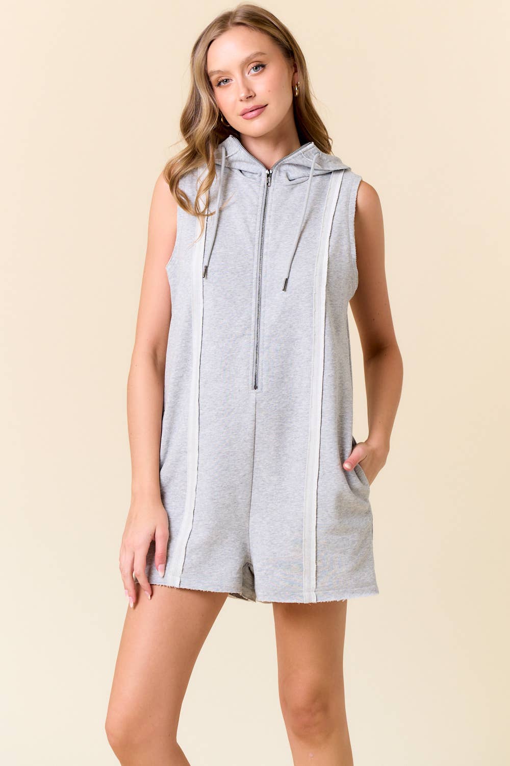 Doe and Rae - Wholesale Romper - Women's - French Terry Zip-Front Sleeveless Hooded Romper - 28002R1