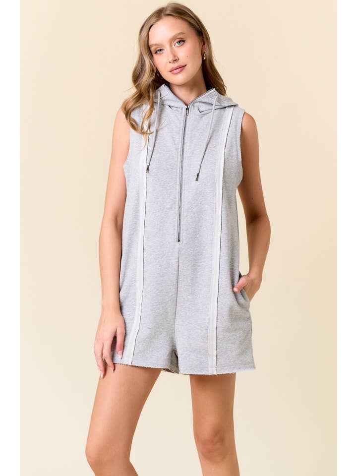 Doe and Rae - Wholesale Romper - Women's - French Terry Zip-Front Sleeveless Hooded Romper - 28002R1