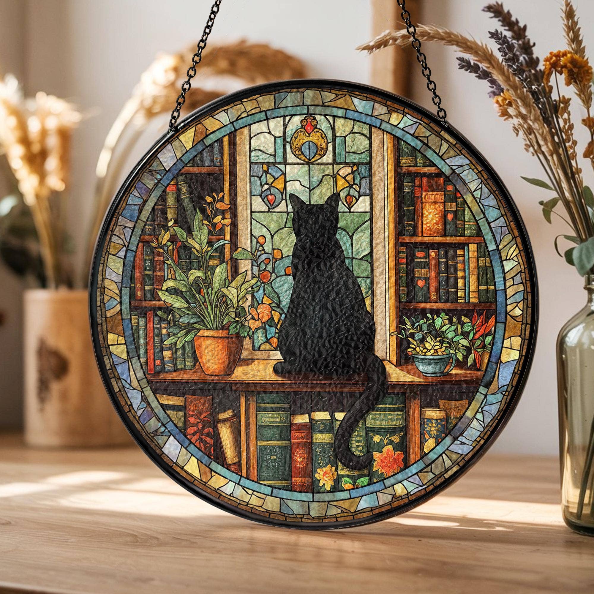 NVC Ecommerce LLC – wholesale Suncatcher – Black Cat and Book Stained Glass Suncatcher, Librarian Decor2
