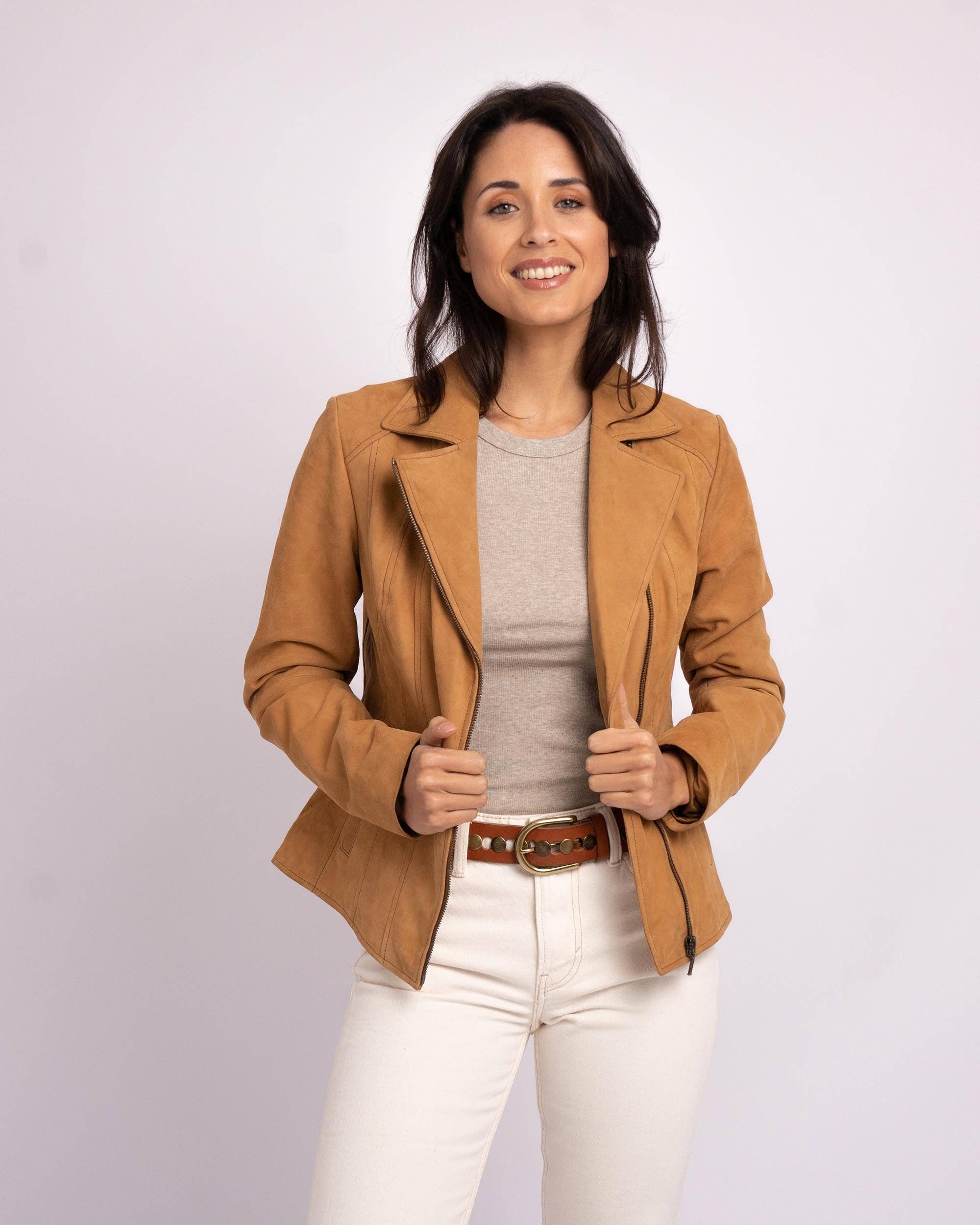 Garcia | Camel Suede Moto Leather Jacket - SHIPS IN 3 WEEKS for wholesale on Faire2
