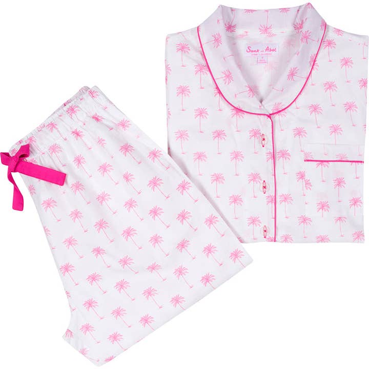 Women's Pink Palm Tree Long PJ Set for wholesale by Sant and Abel