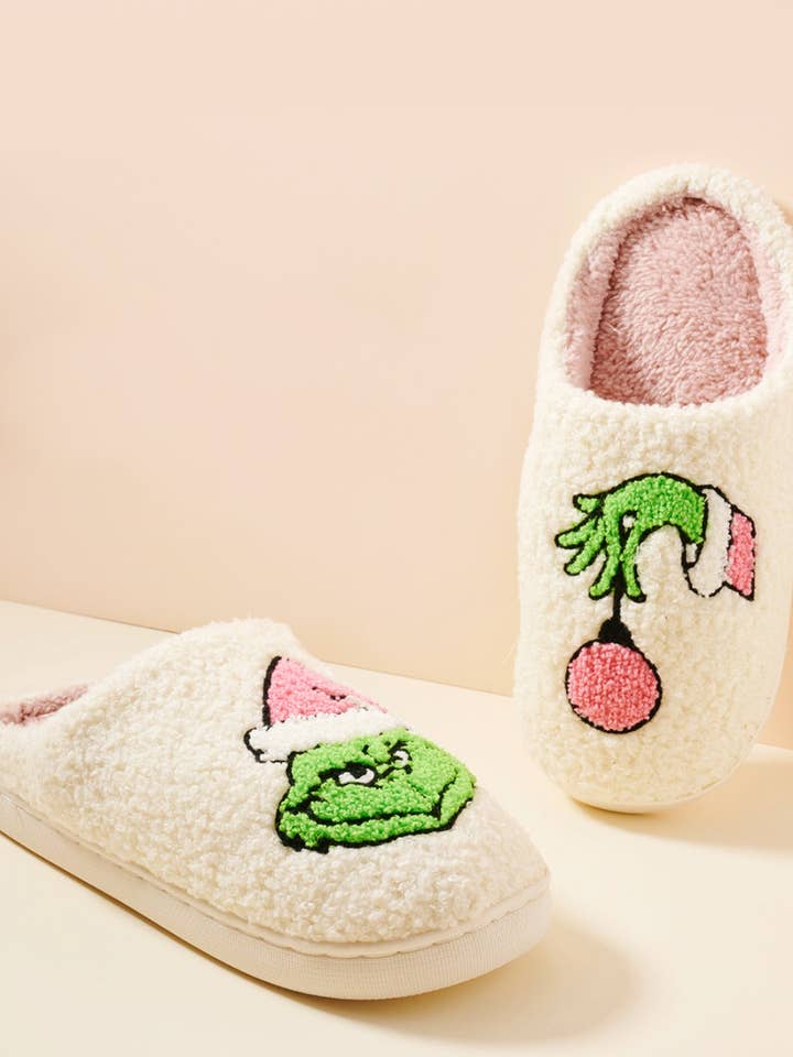 IVORY Christmas Green Monster Fuzzy Fleece Soft Slipper for wholesale on Faire