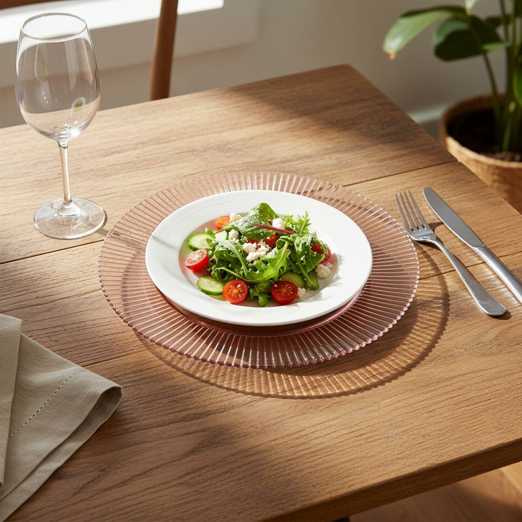 Kadra Kitchenware - Wholesale Charger Plate - Vikko - Decor, Forest, Ribbed Glass Charger, Pink, 13"1