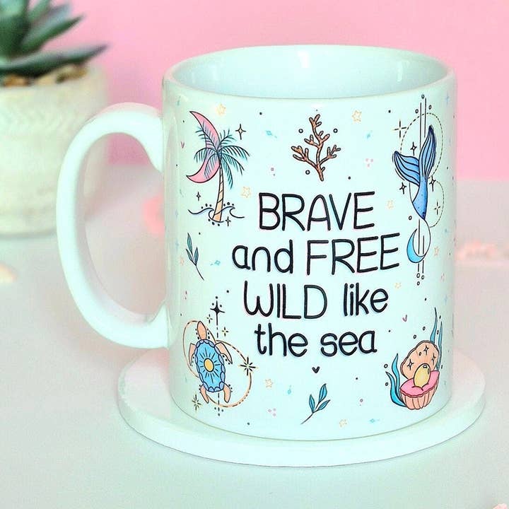 Brave and Free Wild Like the Sea Mug for wholesale by Becki Leigh Studios