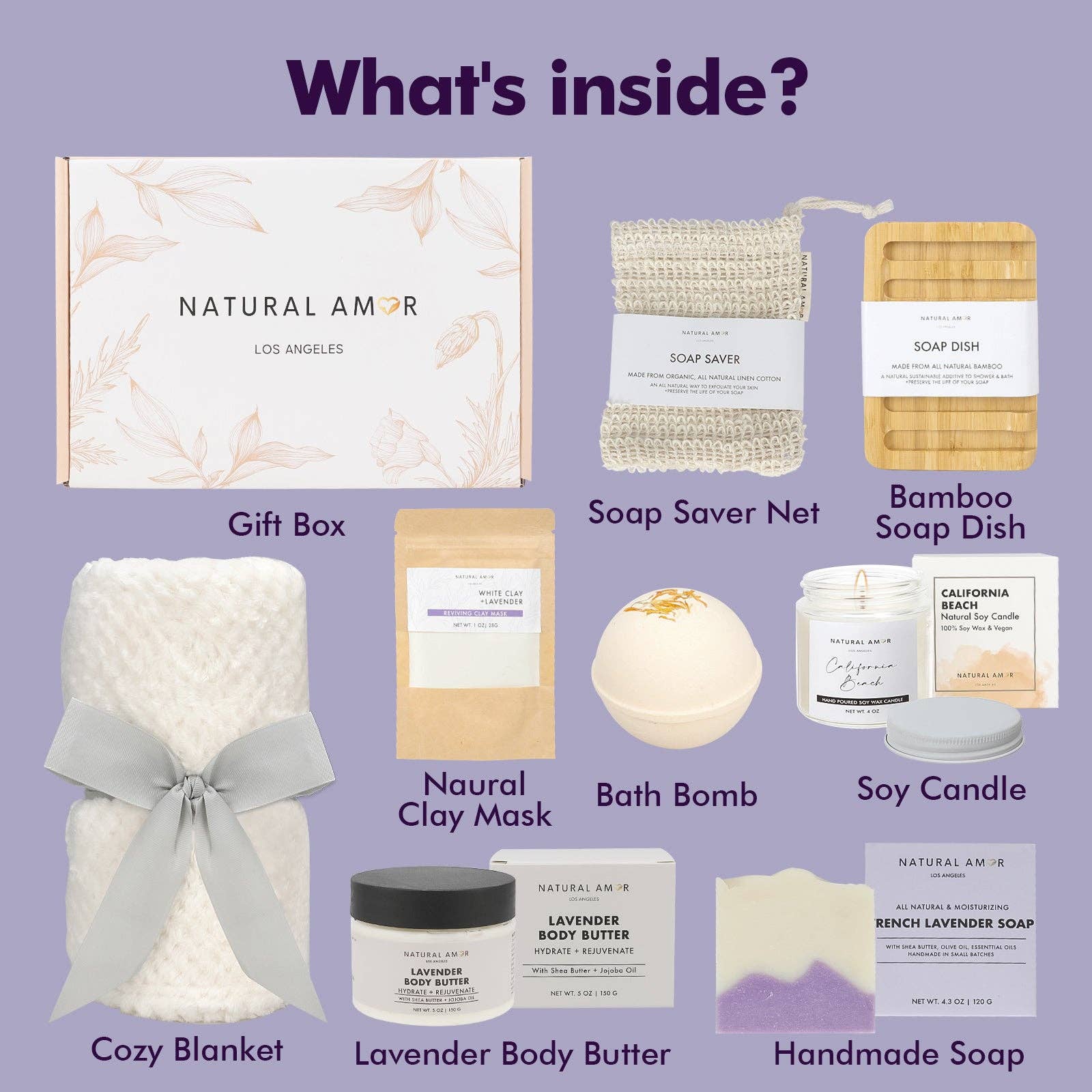 Natural Amor LLC - Vente Set de bain et corps - Nouveau coffret cadeau spa avec couverture, savon, beurre corporel, bougie1