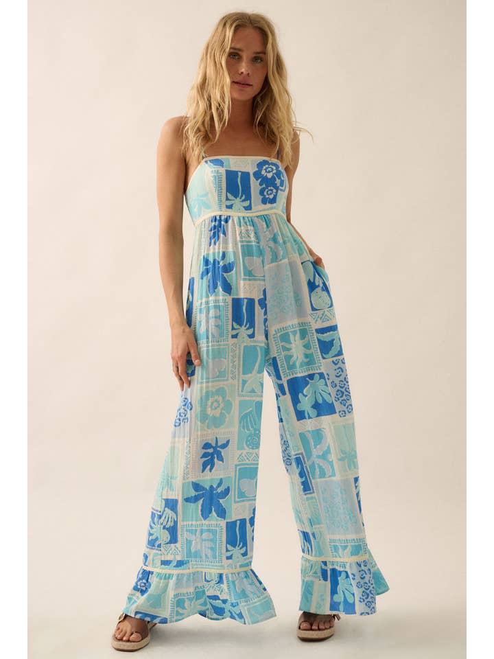 AQUA BLUE Tropical Floral Ruffled Wide-Leg Cami Jumpsuit for wholesale on Faire2