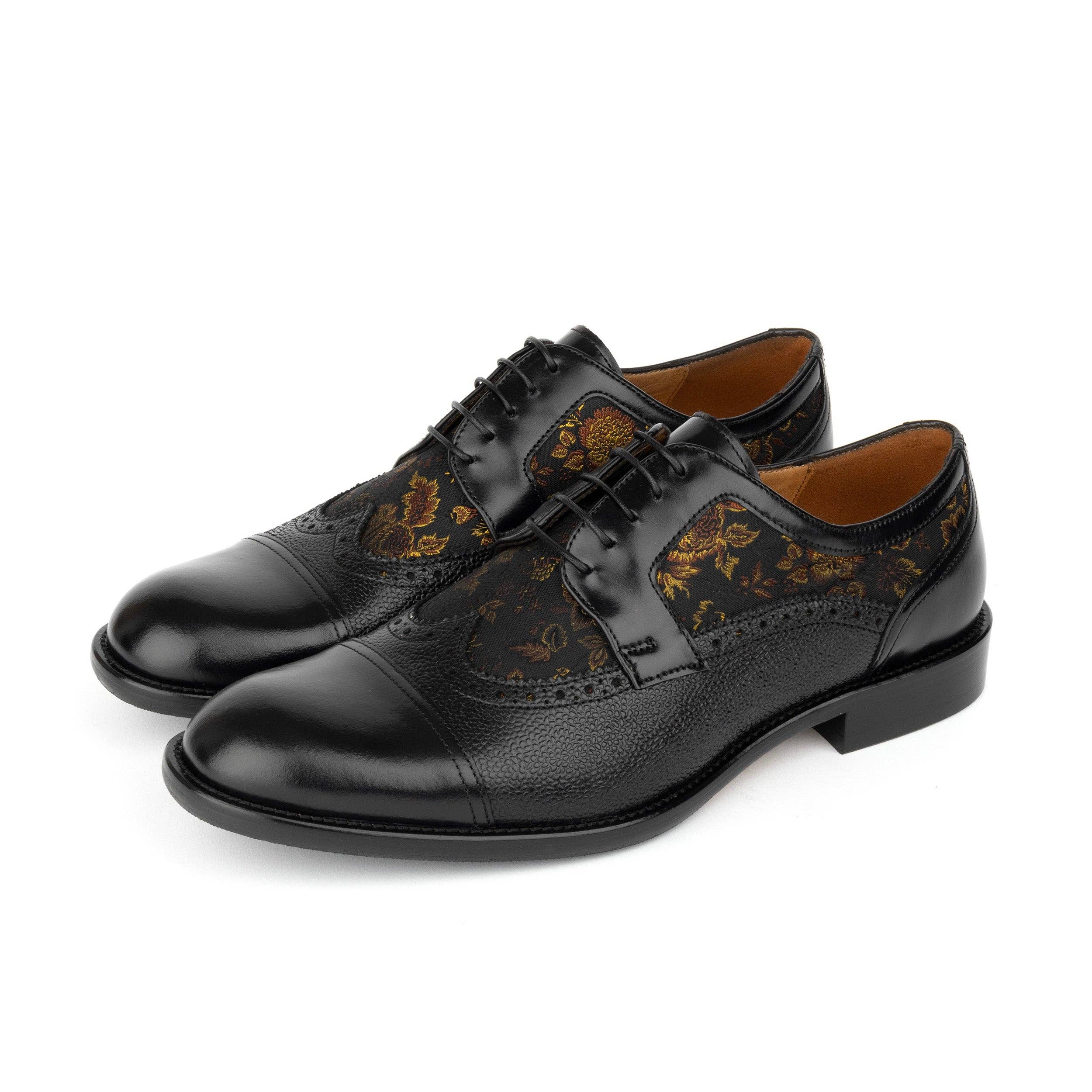 Embassy London – wholesale Oxford shoes – Men′s – Orlando - Black & Yellow Flowers - Men's toe cap dressy black shoe with flower print leather8