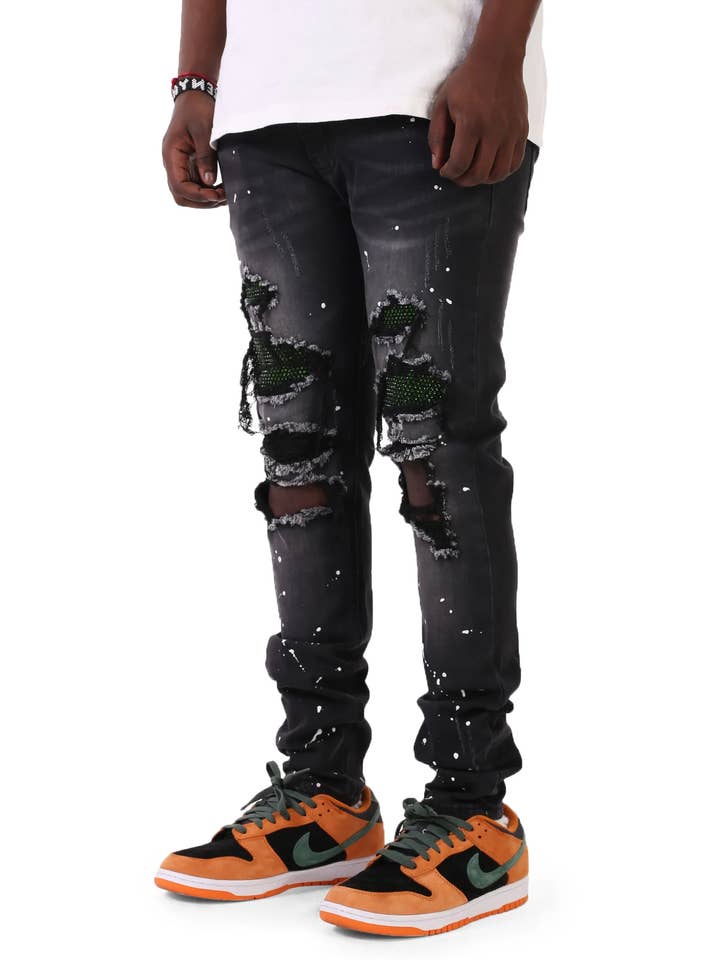 Black RHINESTONE PATCHED JEANS for wholesale on Faire