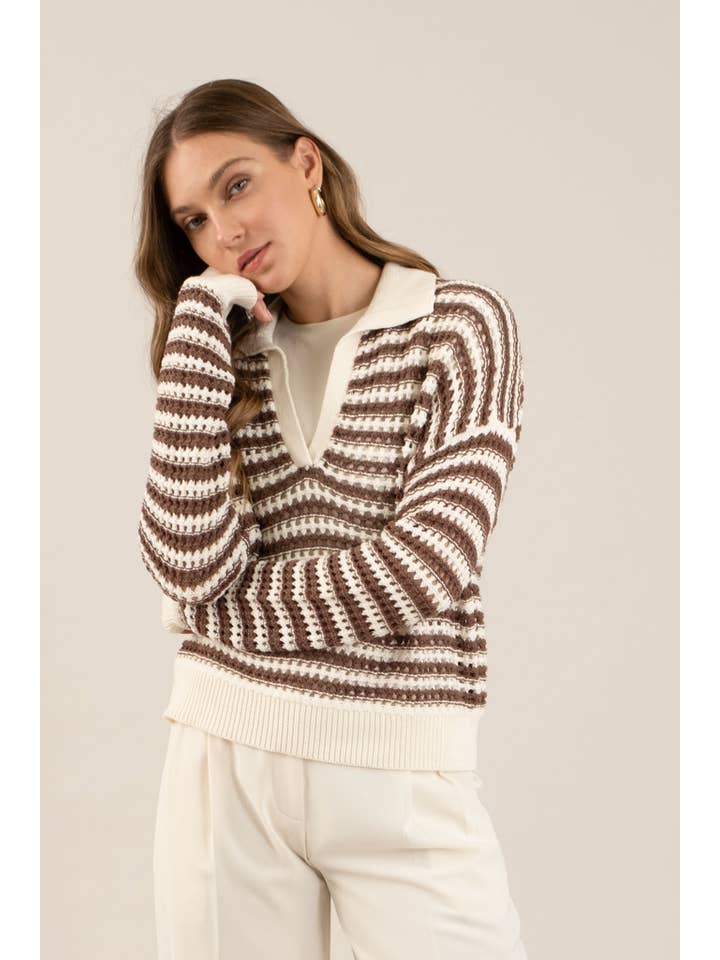 The Workshop Studio - Wholesale Knit Sweater - Women's - STRIPE COLLARED LONG SLEEVE CROCHET KNIT SWEATER