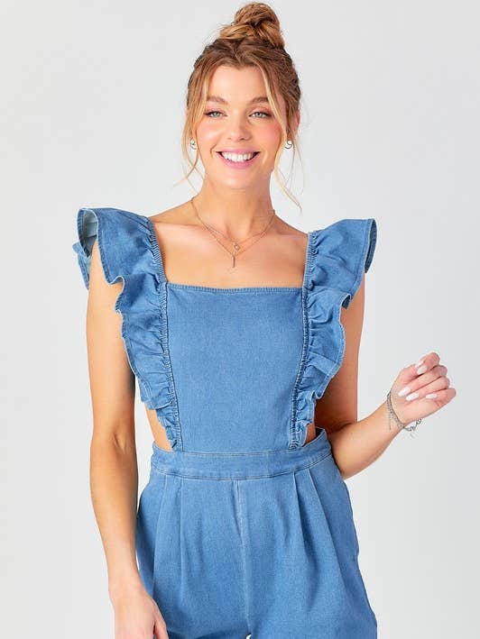 BABY PINK - Wholesale Romper - Women's - Ruffle Shoulder Denim Romper0