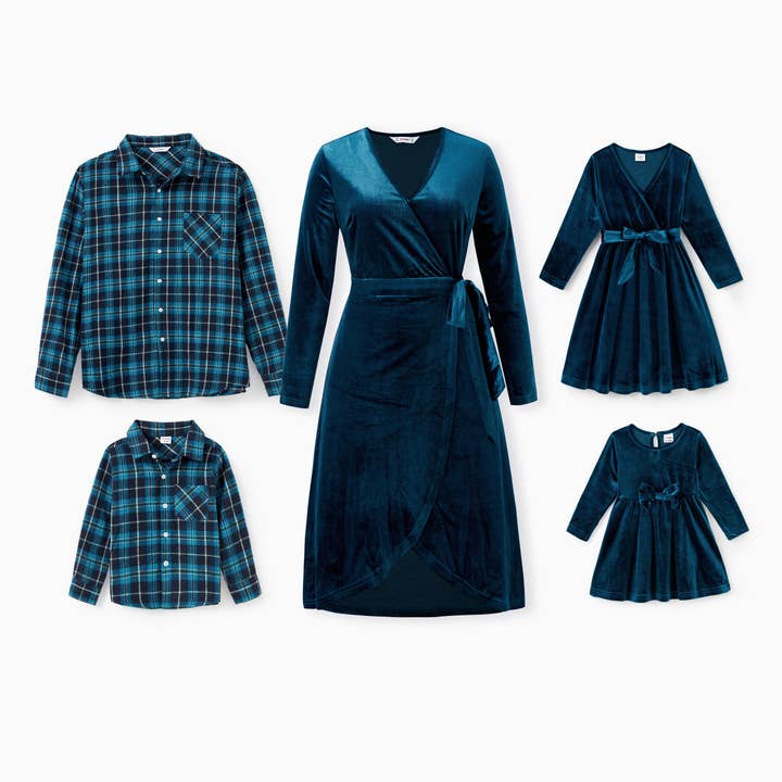 Camisa azul familiar a cuadros y vestido de terciopelo (mangas largas) para venta al por mayor de PatPat