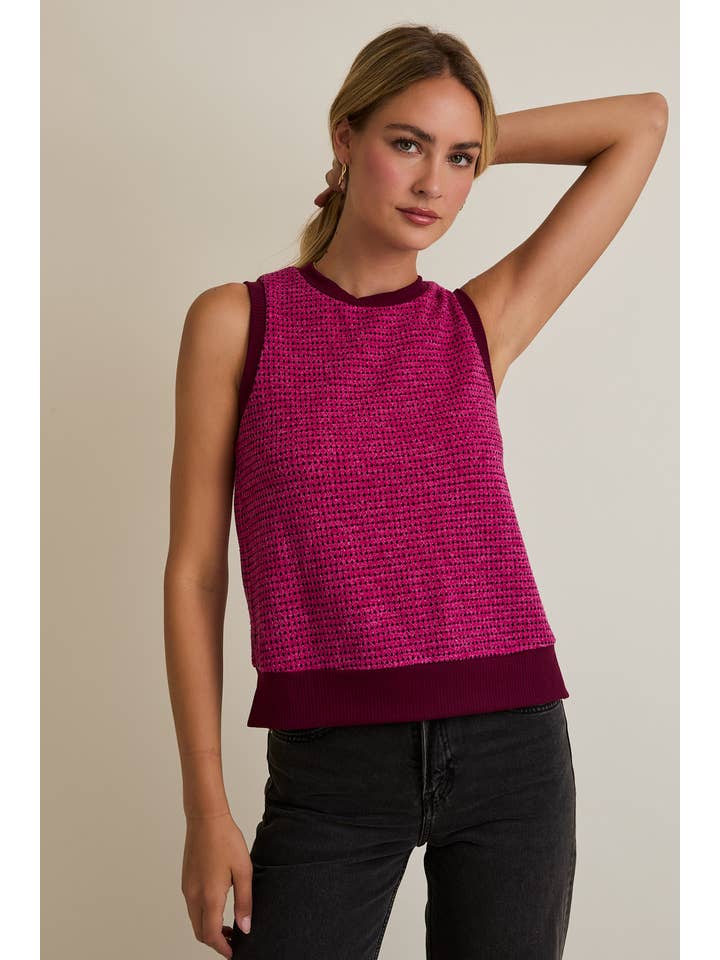 MAGENTA BURGUNDY ROUND NECK SLEEVELESS CONTRAST DETAIL TOP for wholesale on Faire