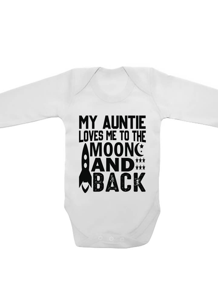 My Auntie Loves Me To The Moon And Black - Long Sleeve Baby Vests for wholesale by Little Ratbag