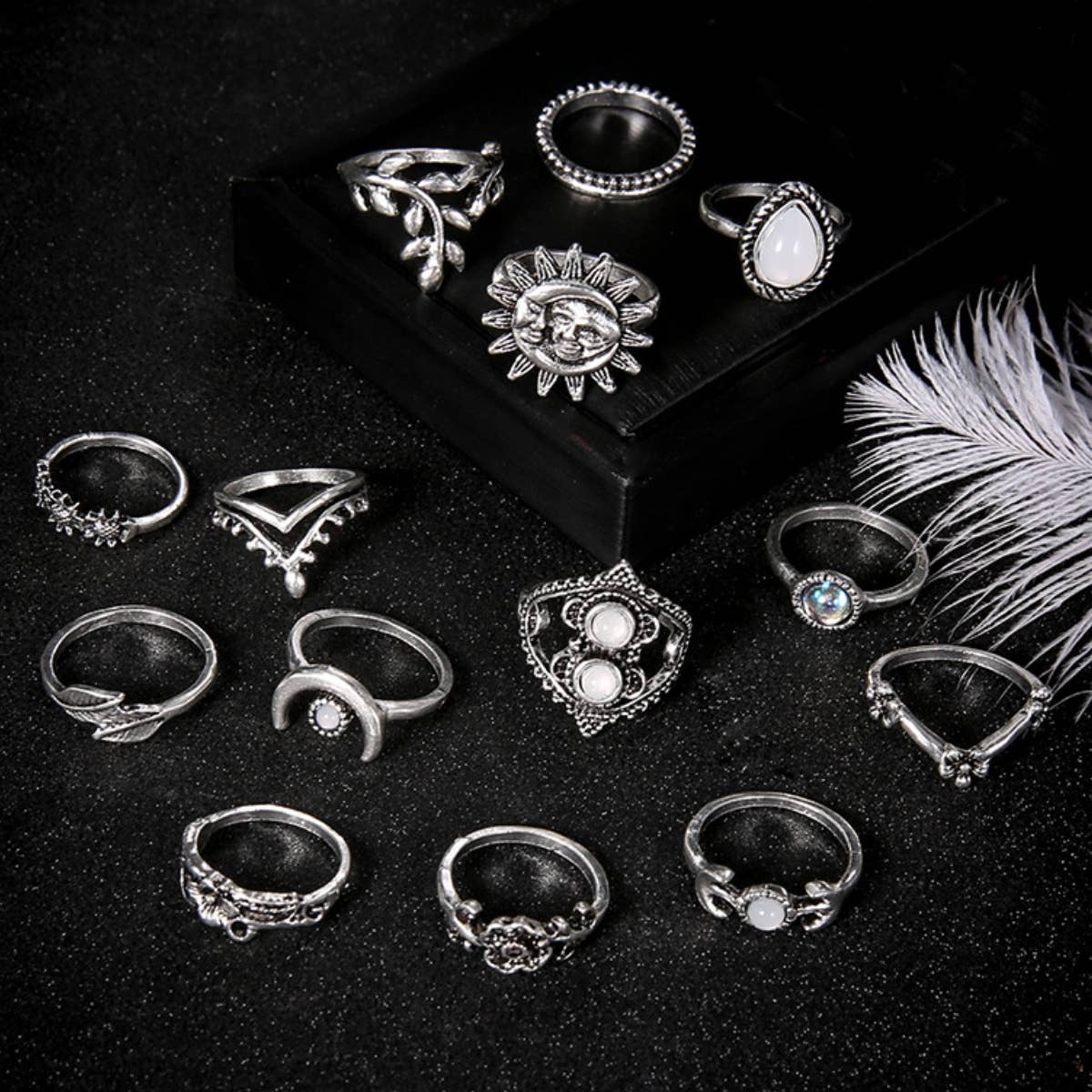 Silver CWASC1952_WATER DROP SUNFLOWER MOON SUN HOLLOW RING SET for wholesale on Faire1