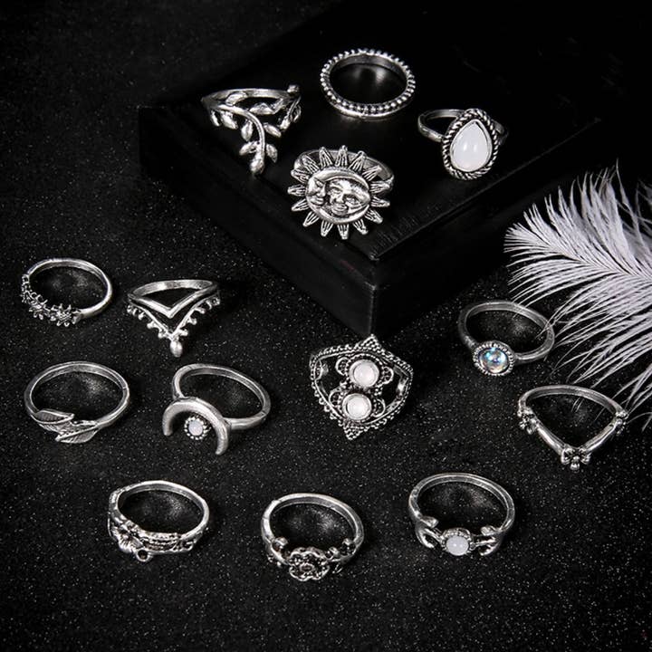 Silver CWASC1952_WATER DROP SUNFLOWER MOON SUN HOLLOW RING SET for wholesale on Faire1