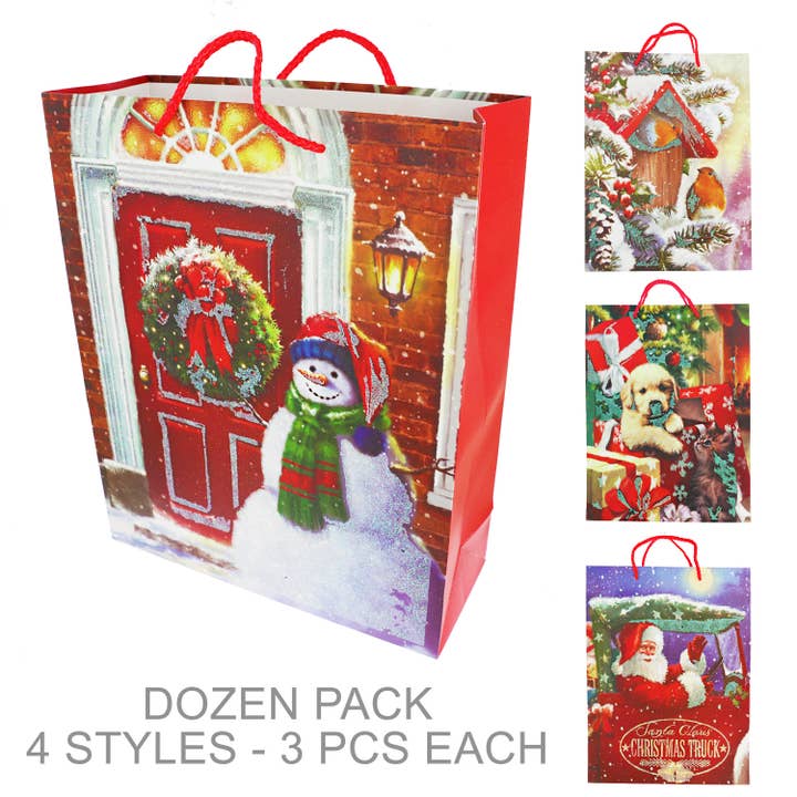 SP Sophia Collection - Wholesale Gift Bag Set/Pack - 12 Pack Assorted Vintage Christmas Paper Gift Bags 1